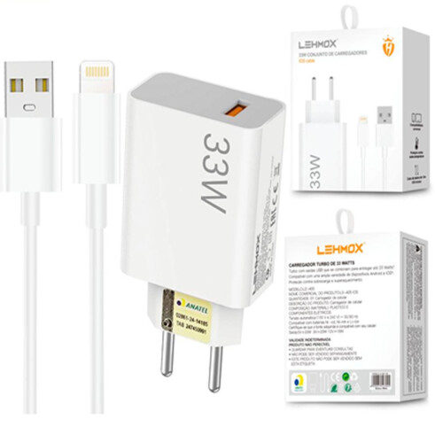 ⚡ Carregador Rápido LEHMOX 33W com Cabo iOS – Alta Performance