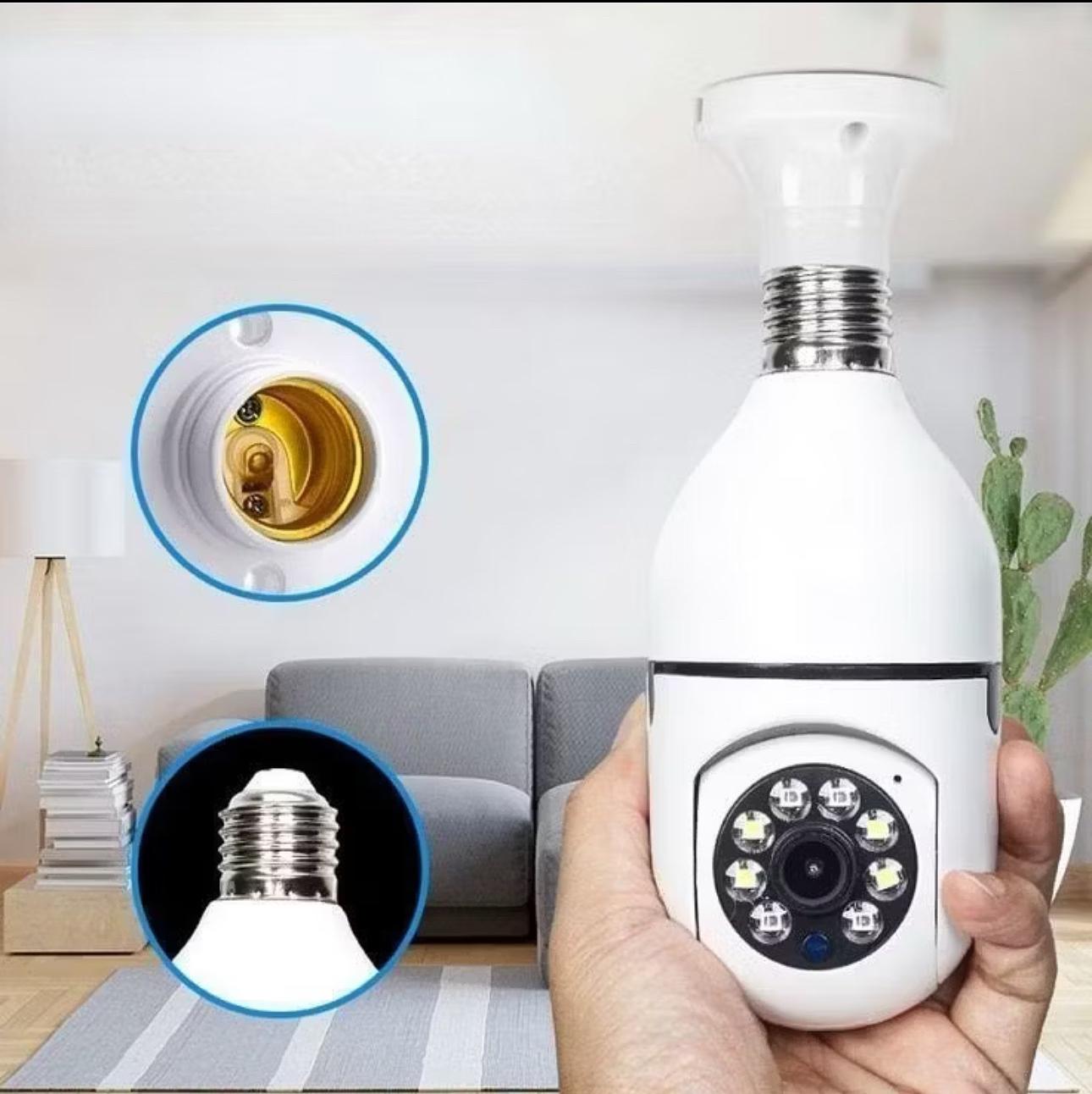 💡 Câmera de Segurança Wi-Fi 360º com Soquete de Lâmpada – Visão Noturna, Áudio e Controle via App