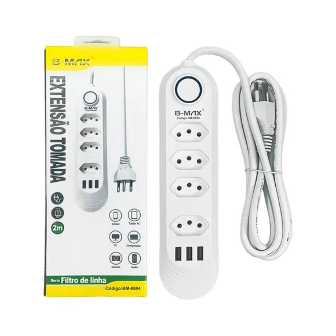 🔌 Extensão de Tomada B-MAX com 4 Tomadas + 3 Entradas USB | Cabo de 2 Metros | Filtro de Linha